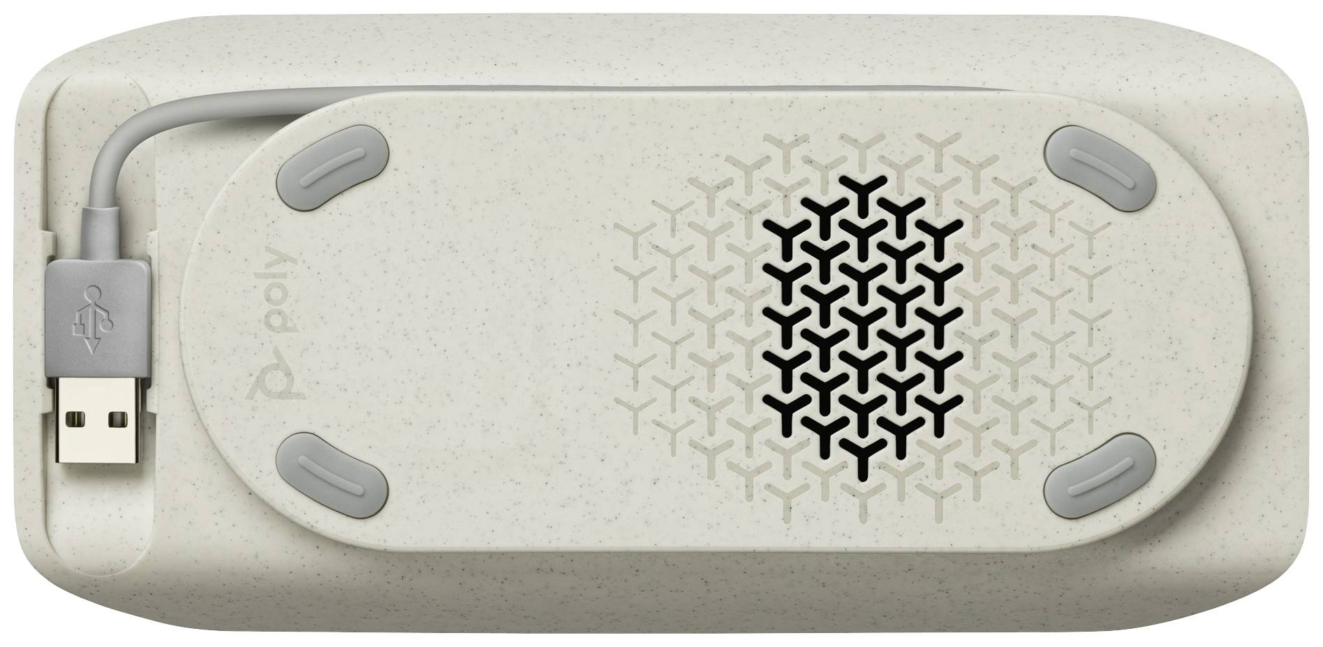 Ein tragbarer Lautsprecher von oben, mit einem USB-Kabel an der Seite. Die Oberfläche ist beige mit einem Lüftungsgittermuster.