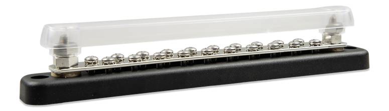 Eine elektrische Verteilerleiste mit mehreren Anschlüssen und einer transparenten Abdeckung auf einer schwarzen Basis.