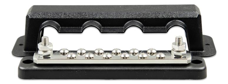 Ein schwarzer Kabelverbinder mit mehreren Schraubanschlüssen. Dient zur elektrischen Verbindung und Verteilung von Kabeln.