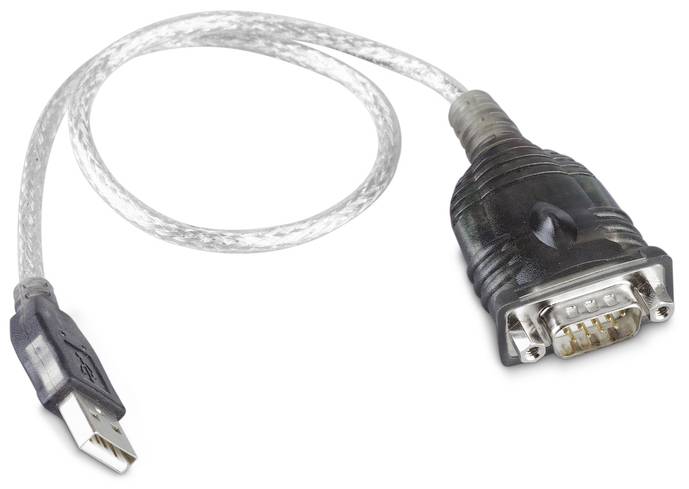 'USB-zu-Seriell-Kabeladapter' mit einem USB-Anschluss auf der linken Seite und einem seriellen Anschluss auf der rechten Seite.