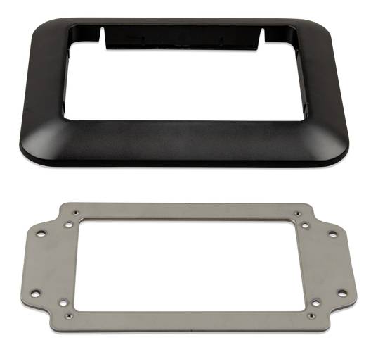 Metallrahmen und -abdeckung für elektronische Geräte, rechteckig. Die Abdeckung ist schwarz, der Rahmen silbern.