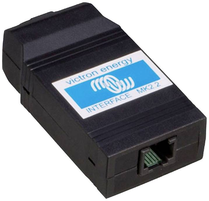 Ein schwarzes elektronisches Gerät mit einem blauen Etikett darauf, beschriftet mit 'victron energy INTERFACE MK22', und einem Steckplatz für eine Netzwerkschnittstelle.