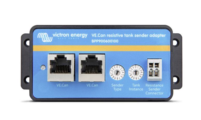 VE.Can resistiver Tank-Adapter von Victron Energy mit zwei Ethernet-Anschlüssen, einem Drehschalter für Sender-Typ und zwei Steckverbindern.