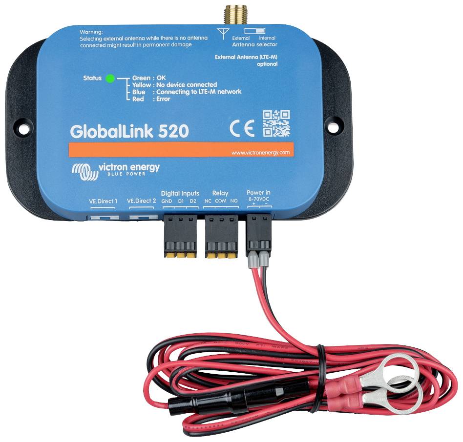 'GlobalLink 520' von Victron Energy, ein blaues Kommunikationsgerät für Energieüberwachung. Zeigt Status-LEDs und Anschlüsse.