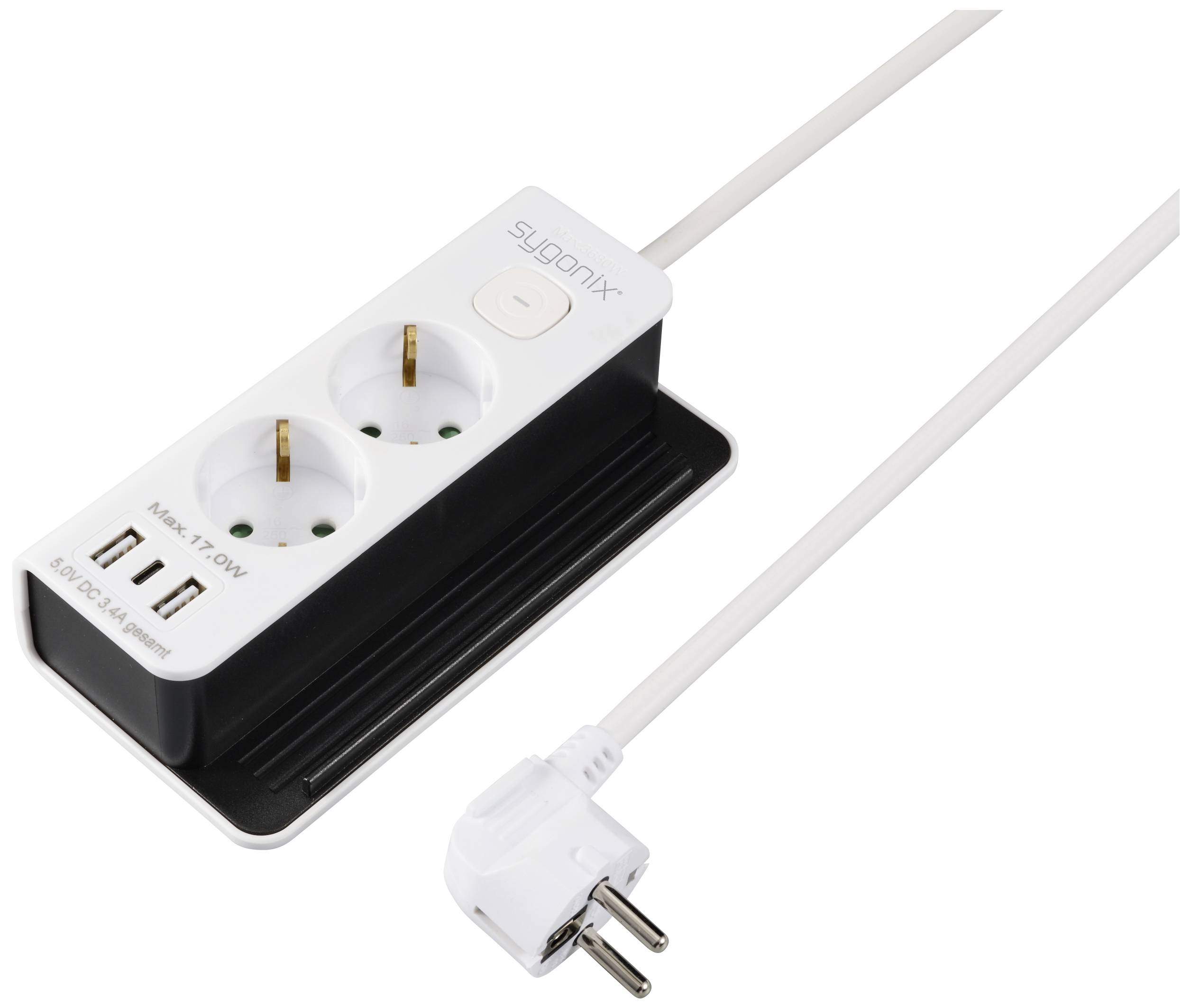 Eine Steckdosenleiste mit zwei Steckdosen und zwei USB-Anschlüssen, verbunden mit einem weißen Kabel und Stecker.