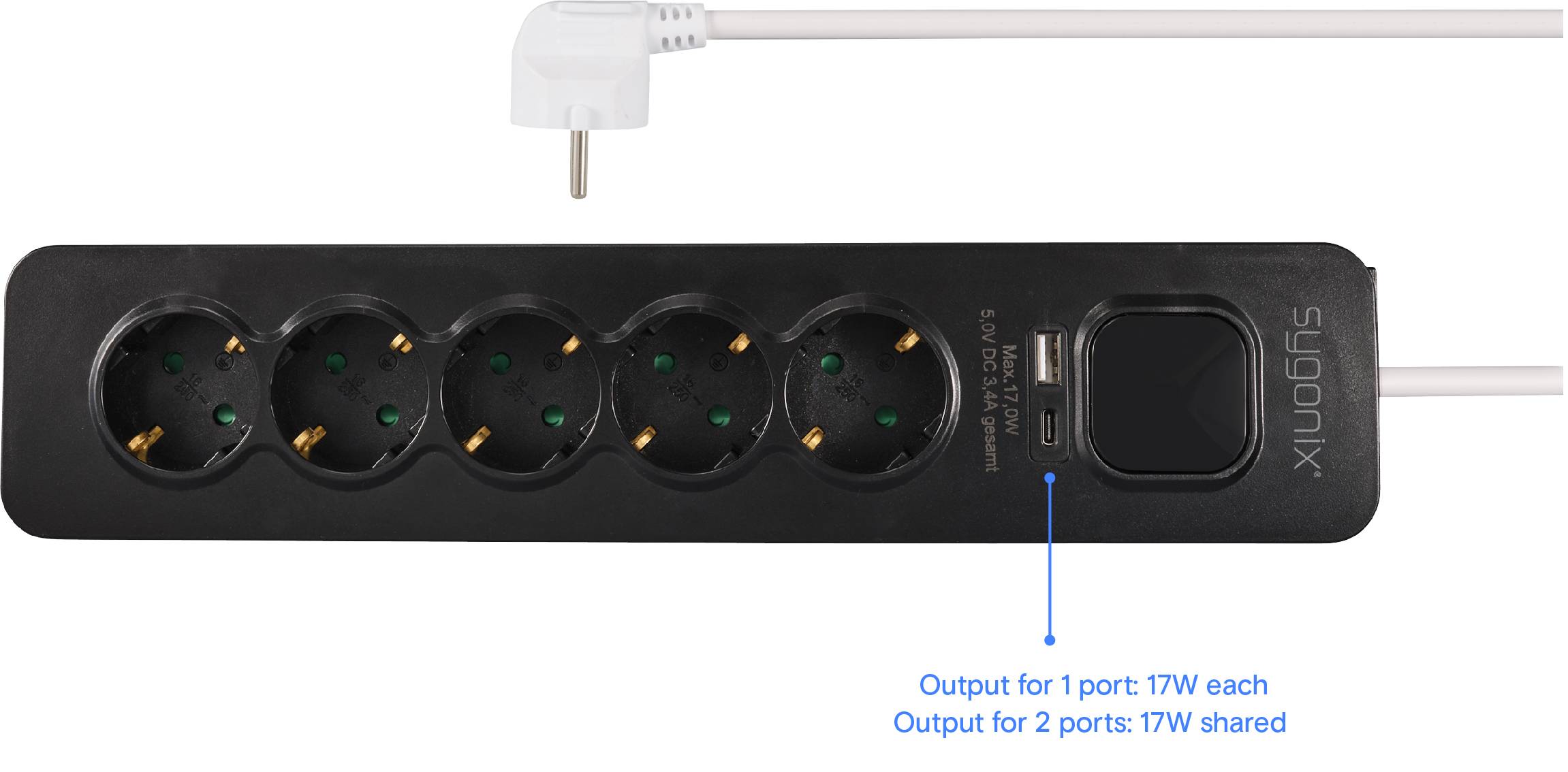 Sygonix SY-6118234 Steckdosenleiste mit Schalter 5fach Schwarz, Weiß Schutzkontakt 1St.
