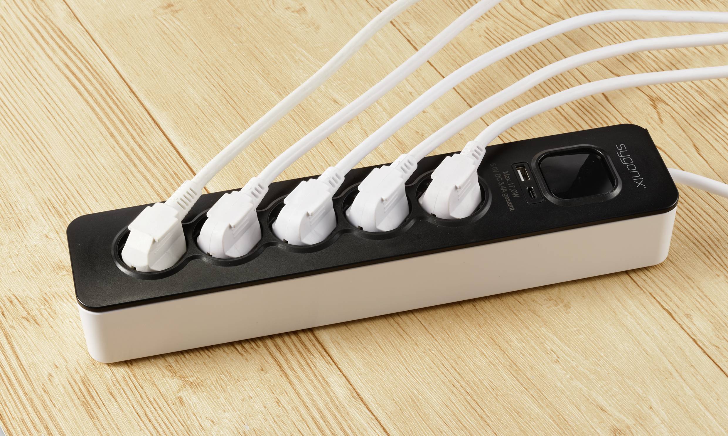 Sygonix SY-6118234 Steckdosenleiste mit Schalter 5fach Schwarz, Weiß Schutzkontakt 1St.