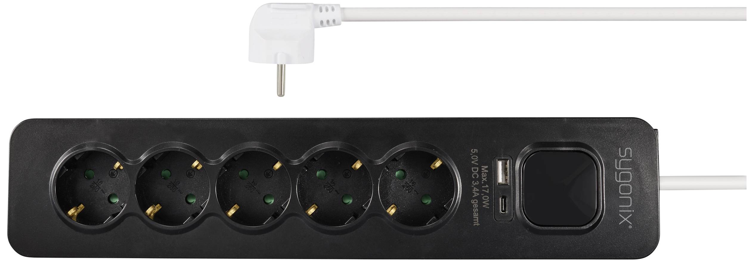 Sygonix SY-6118234 Steckdosenleiste mit Schalter 5fach Schwarz, Weiß Schutzkontakt 1St.