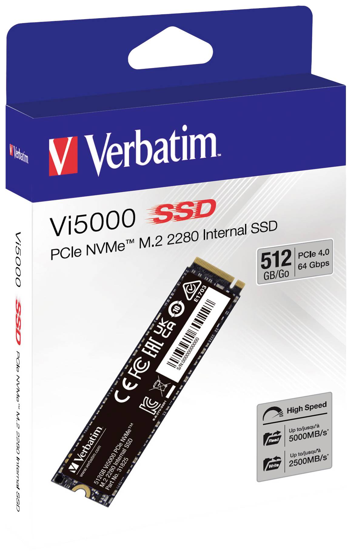 Verbatim Vi5000 512GB Interne M.2 PCIe NVMe SSD 2280 M.2 NVMe PCIe 4.0 x4 Retail 31825