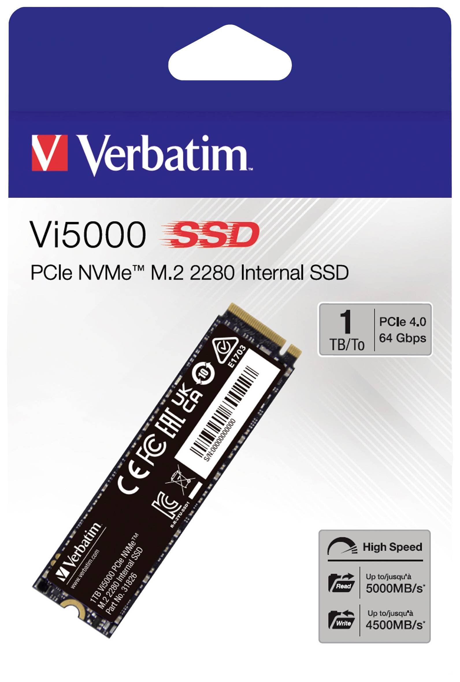Verbatim Vi5000 1TB Interne M.2 PCIe NVMe SSD 2280 M.2 NVMe PCIe 4.0 x4 Retail 31826