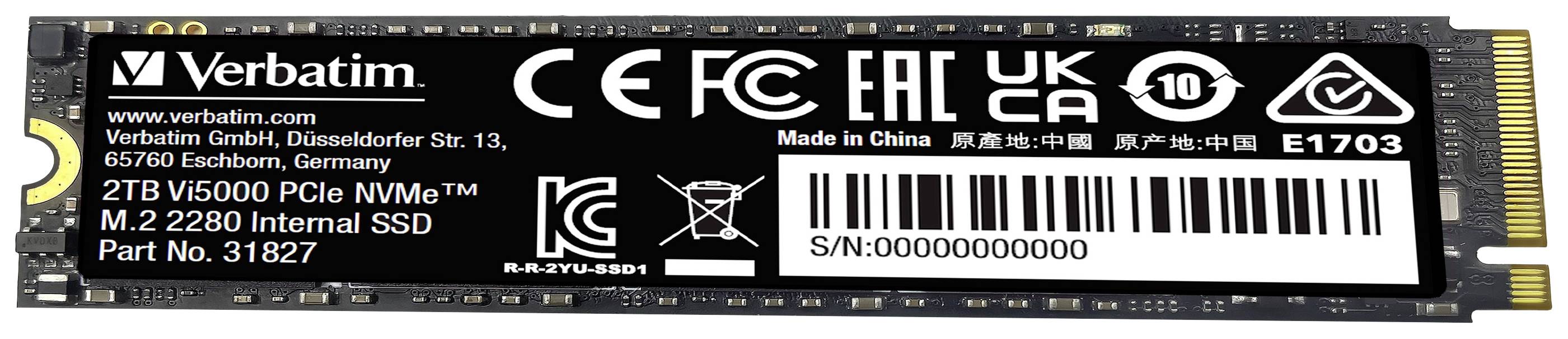 Eine Verbatim M.2 2280 interne SSD mit 2TB Kapazität, Modellnummer Vi5000, PCIe NVMe, mit CE- und UKCA-Kennzeichnung.