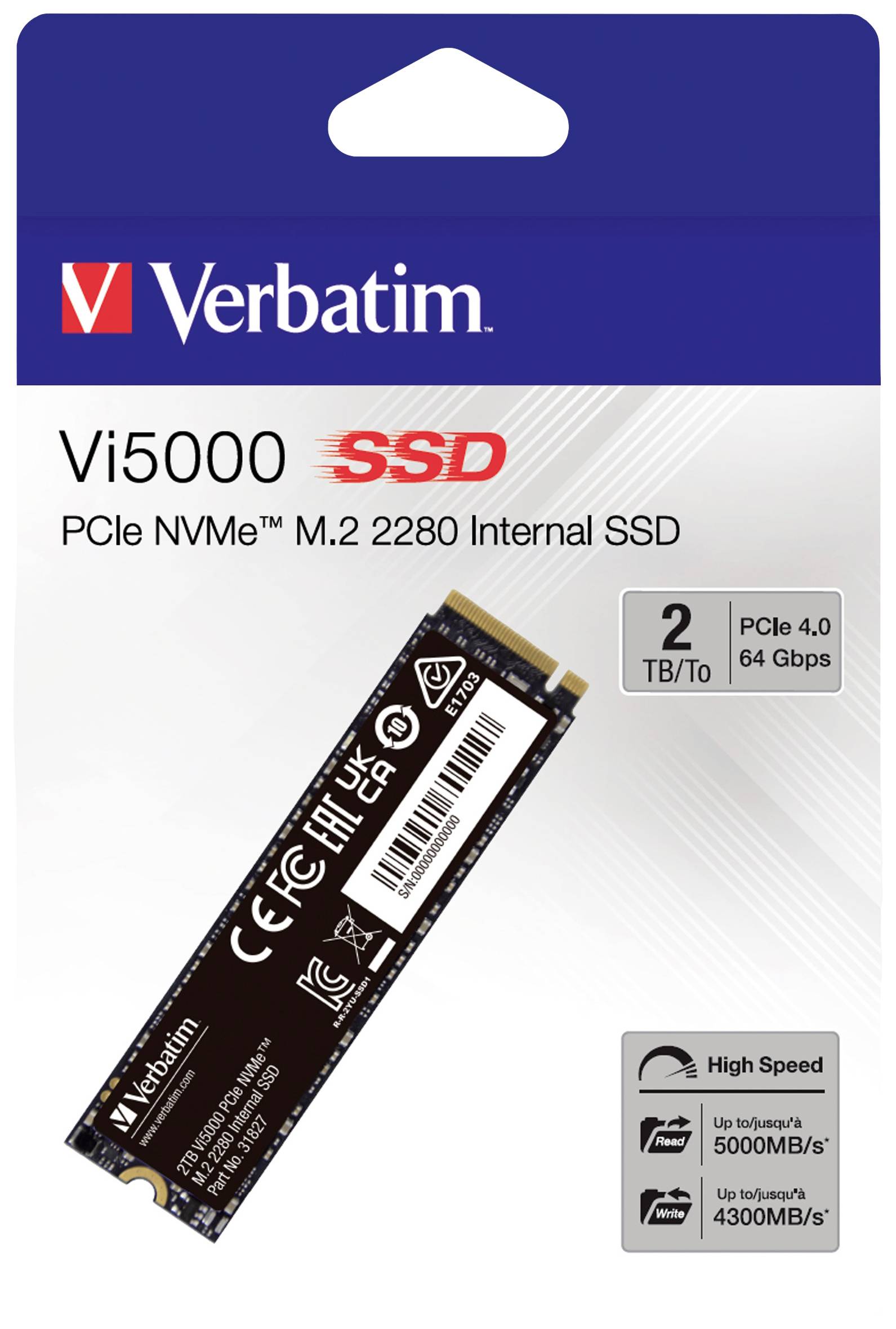 SSD-Verpackung mit der Aufschrift 'Vi5000 SSD PCIe NVMe M.2 2280 Internal SSD'. Kapazität: 2 TB, PCIe 4.0, 64 Gbps.
