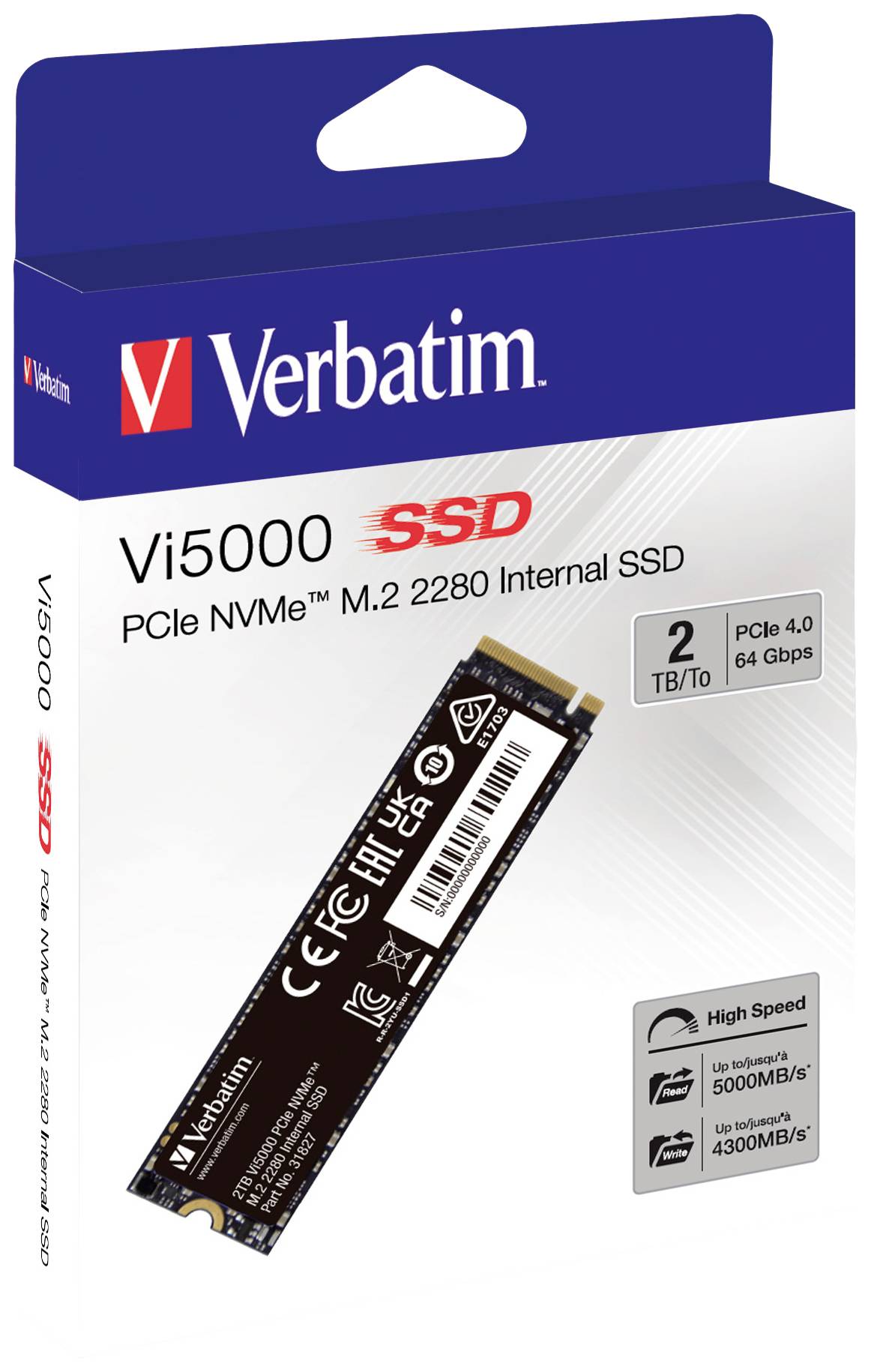 'Vi5000 SSD' PCIe NVMe M.2 2280 interne SSD von 2 TB. Verpackung zeigt Produktbild, Spezifikationen und Geschwindigkeitssymbole.