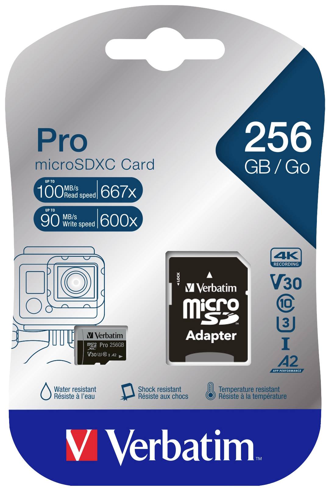 Verbatim Pro microSDXC-Karte 256GB UHS-Class 3 4K-Videounterstützung, A2-Leistungsstandard, inkl. SD-Adapter, stoßsicher