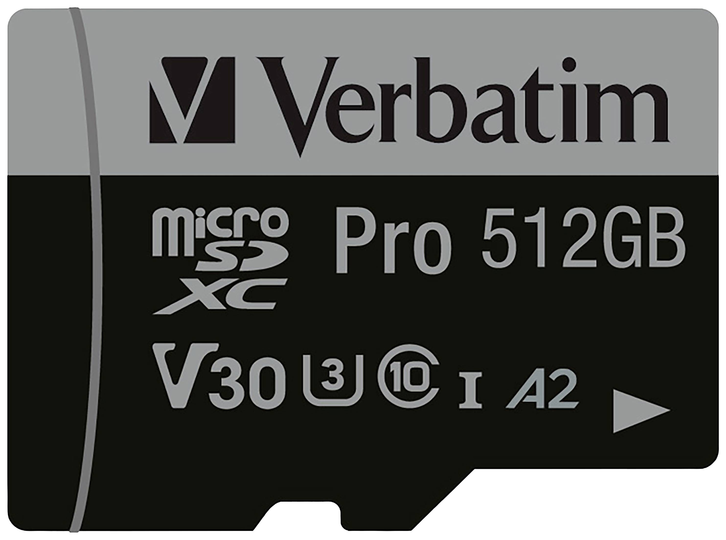 Verbatim Pro microSDXC-Karte 512GB UHS-Class 3 4K-Videounterstützung, A2-Leistungsstandard, inkl. SD-Adapter, stoßsicher