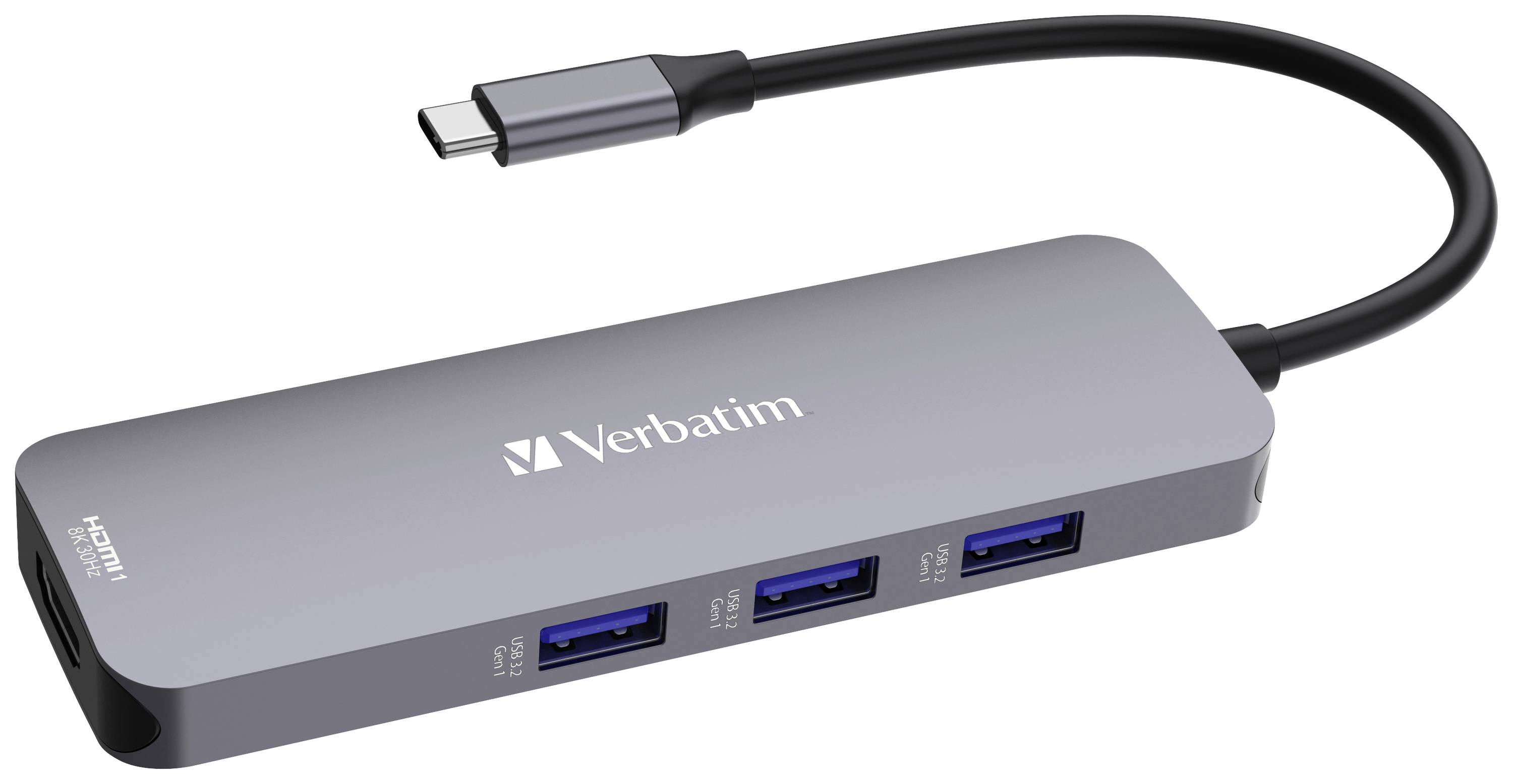 Verbatim CMH-08 8 Port USB-C® (USB 3.2 Gen 1) Multiport Hub mit eingebautem SD-Kartenleser, mit Schnellladeport, mit USB-C® Stecker, Ultra HD-fähig