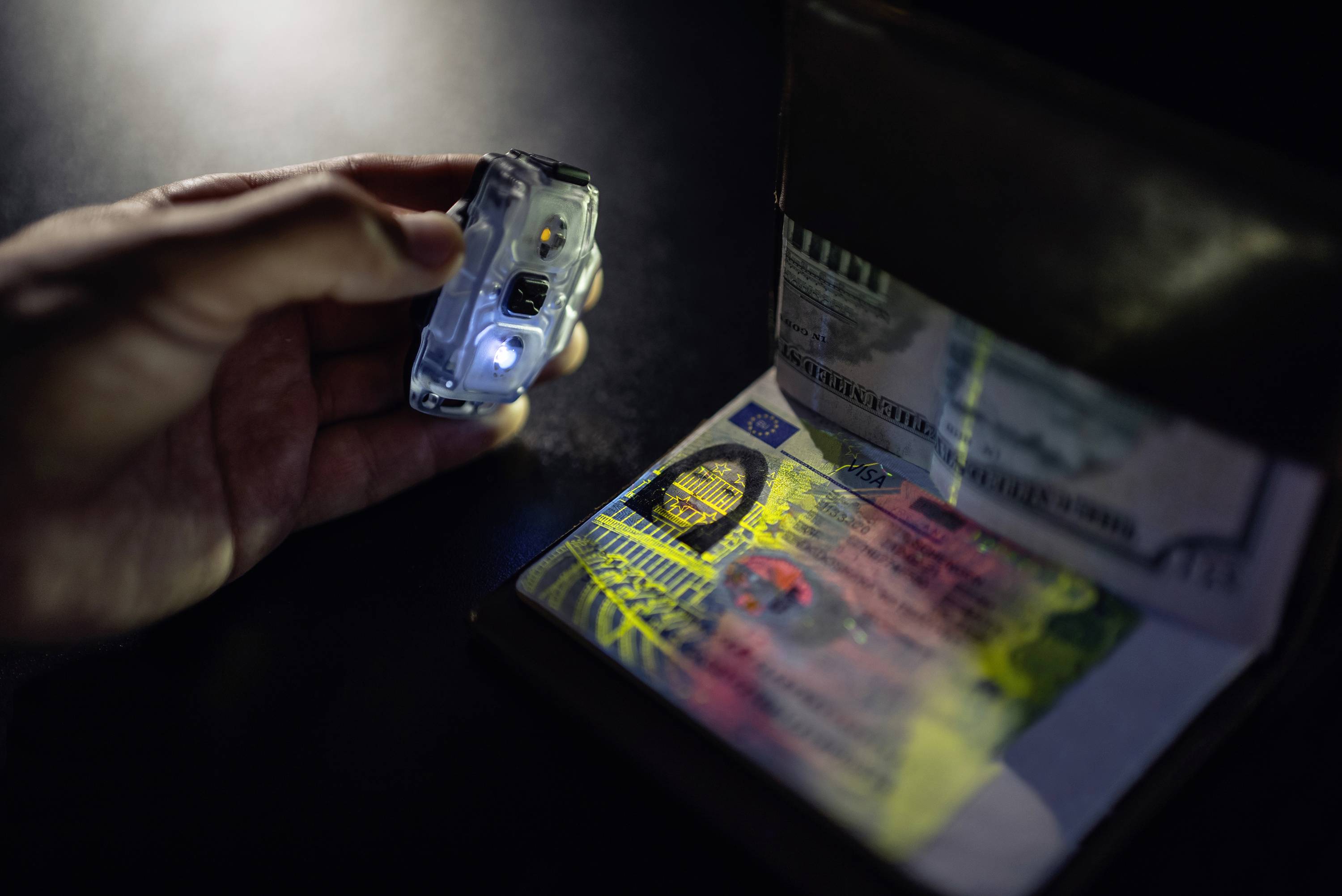 Eine Person überprüft ein Ausweisdokument mit UV-Licht, um Sicherheitsmerkmale sichtbar zu machen.