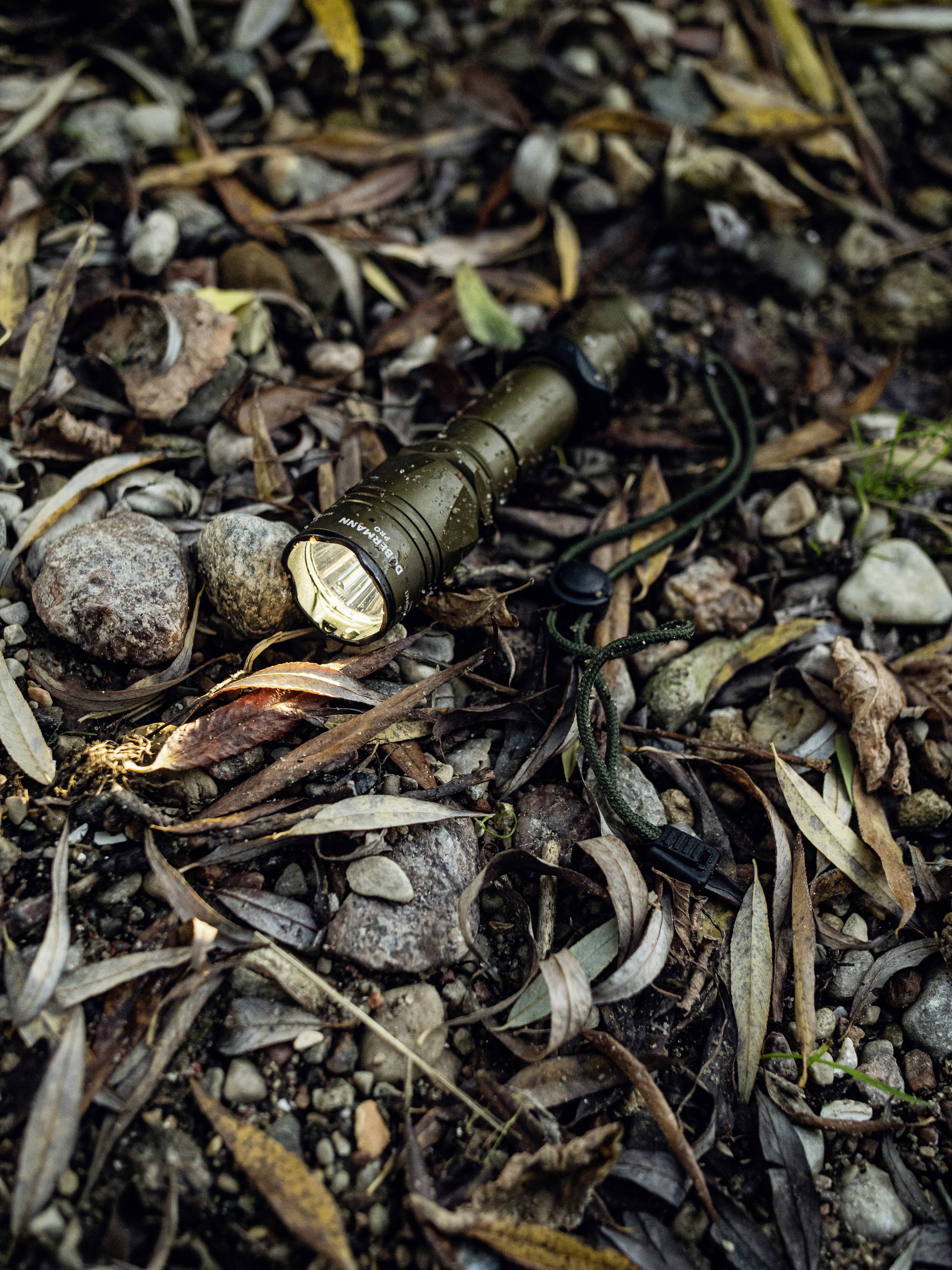 Taschenlampe liegt auf Waldboden, umgeben von Laub und Steinen, leuchtet nach rechts.