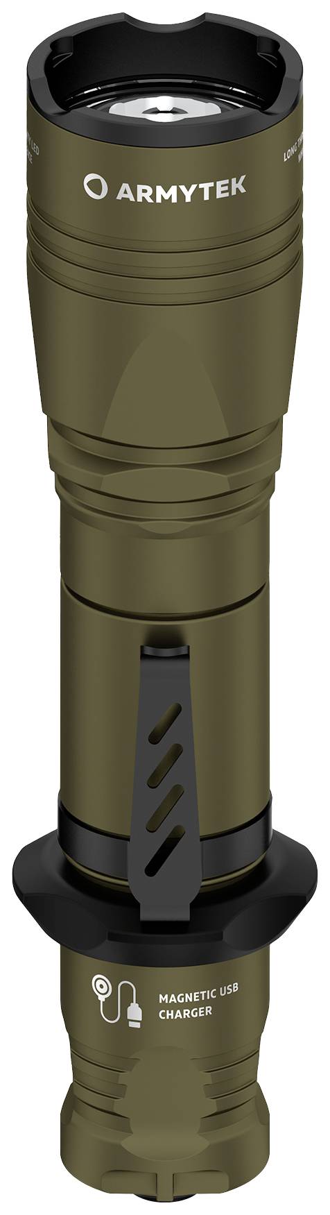 Olivegrüne Taschenlampe mit Clip und magnetischem USB-Ladeanschluss.