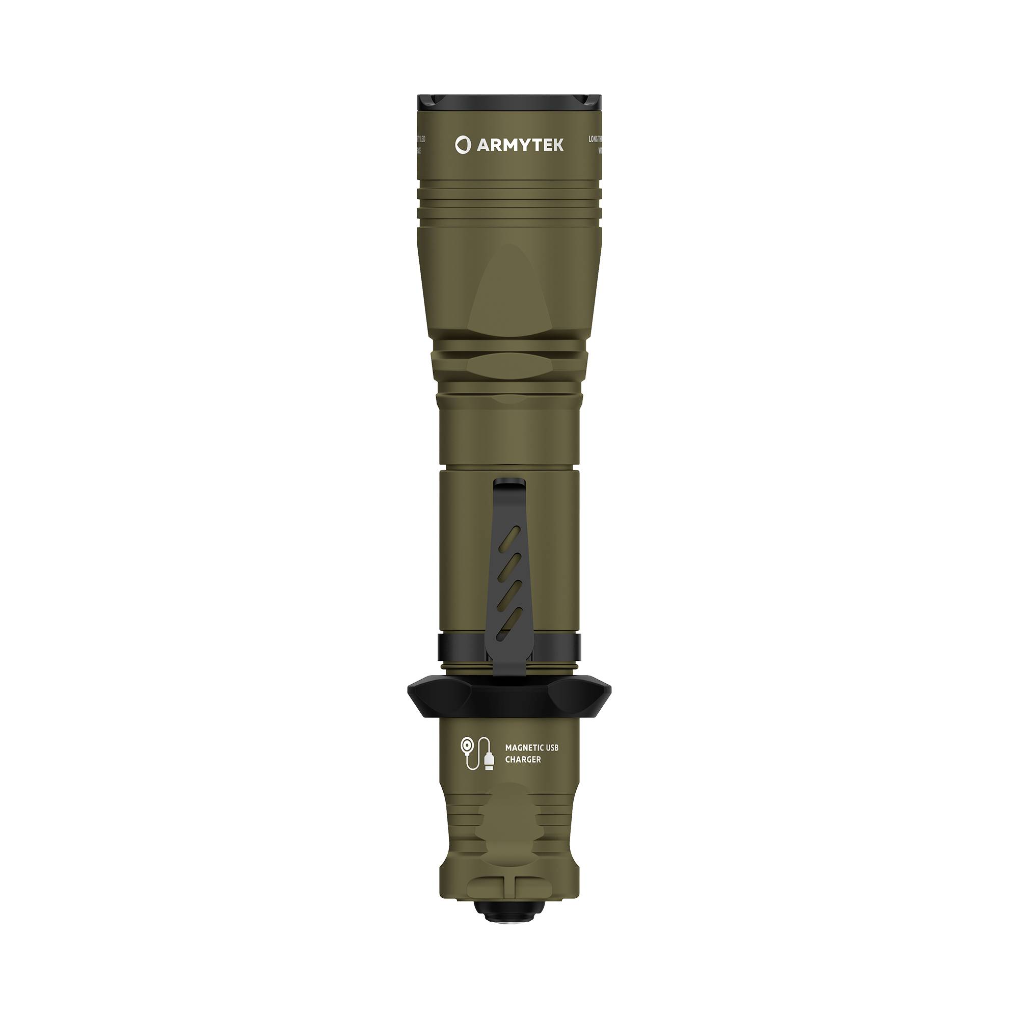 Taschenlampe in olivgrünem Design mit beschriftetem Griff und magnetischem Ladeanschluss.