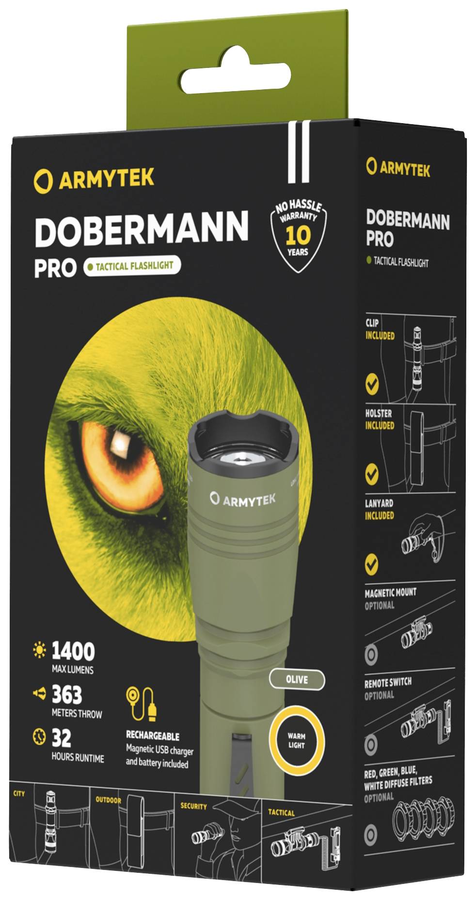 Verpackung einer taktischen Taschenlampe 'Dobermann Pro' von Armytek, 1400 Lumen, wasserdicht, USB-Ladefunktion, in Olivfarbe.