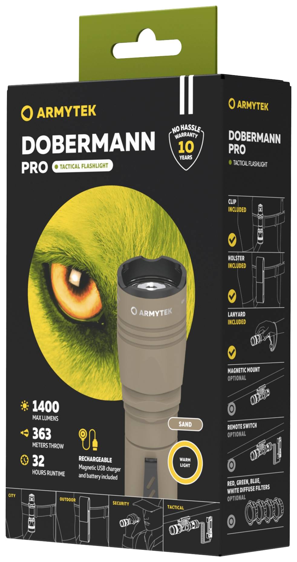 Verpackung der Armytek Dobermann Pro Taschenlampe in Sandfarbe. Details: 1400 Lumen, 363 Meter Reichweite, 32 Stunden Laufzeit.