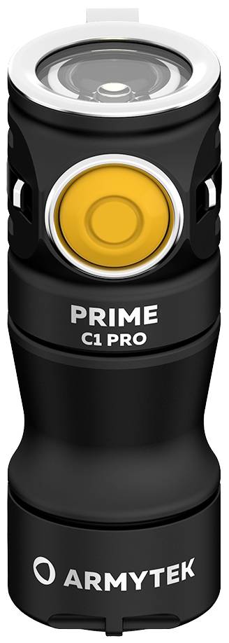 Schwarze Taschenlampe mit gelbem Knopf, die 'PRIME C1 PRO' und 'ARMYTEK' beschriftet ist.