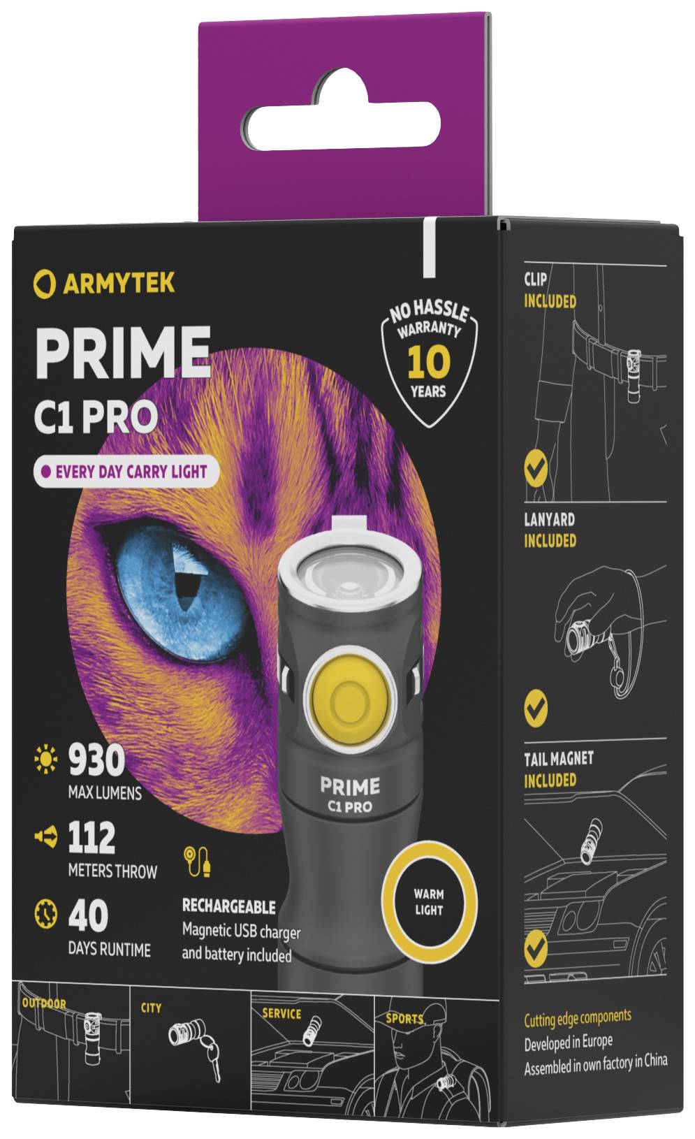 Taschenlampe Prime C1 Pro von Armytek, 930 Lumen, 112 Meter Reichweite, 40 Stunden Laufzeit. Inklusive Clip, Lanyard, Magnetladegerät.