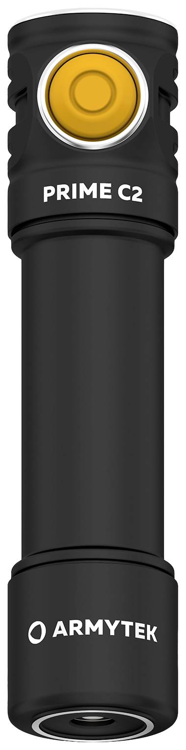 Grüne taktische Taschenlampe 'PRIME C2' von Armytek, vertikal dargestellt, mit orangefarbener Taste und robustem Design.