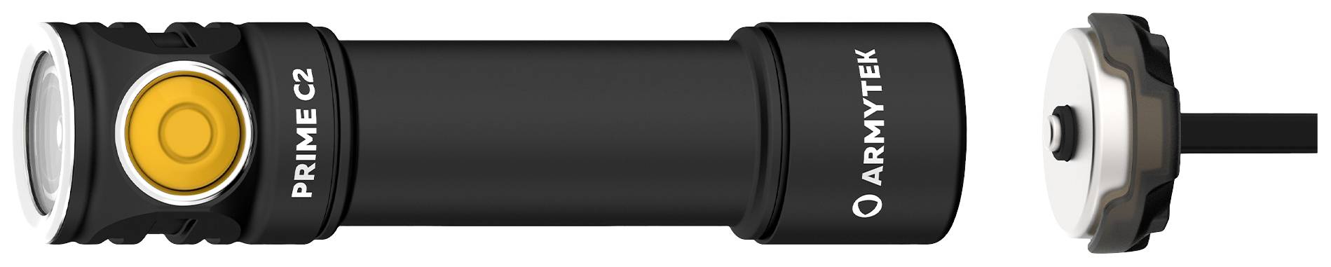 Schwarze Taschenlampe mit gelbem Knopf auf der Seite. Aufschrift 'PRIME C2' und 'ARMYTEK'. Викладається знімна кришка на кінці.