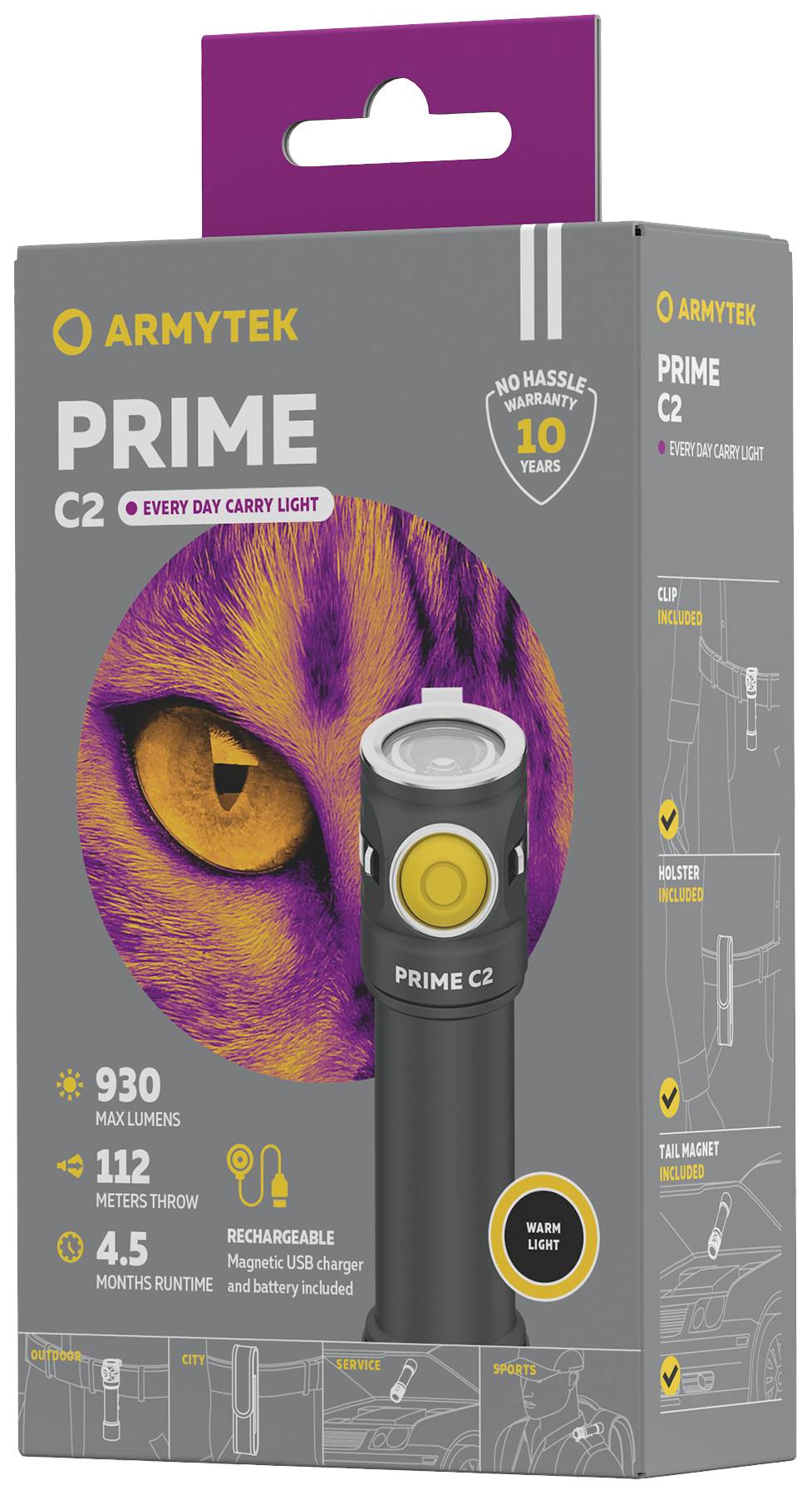 Taschenlampe 'Armytek Prime C2' in grauer Verpackung. Bietet 930 Lumen, 112 Meter Reichweite. Wiederaufladbar. Enthält Ladegerät.