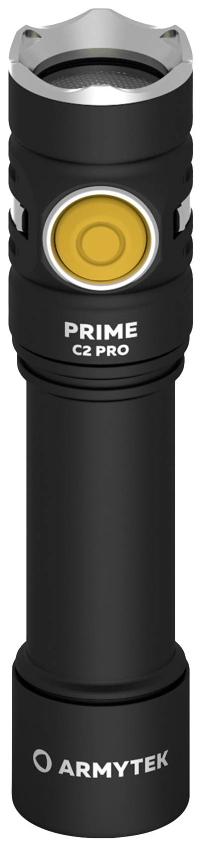 Schwarze Taschenlampe mit gelbem Knopf, beschriftet mit 'PRIME C2 PRO' und 'ARMYTEK', kompakt und robustes Design für Outdoor-Einsätze.