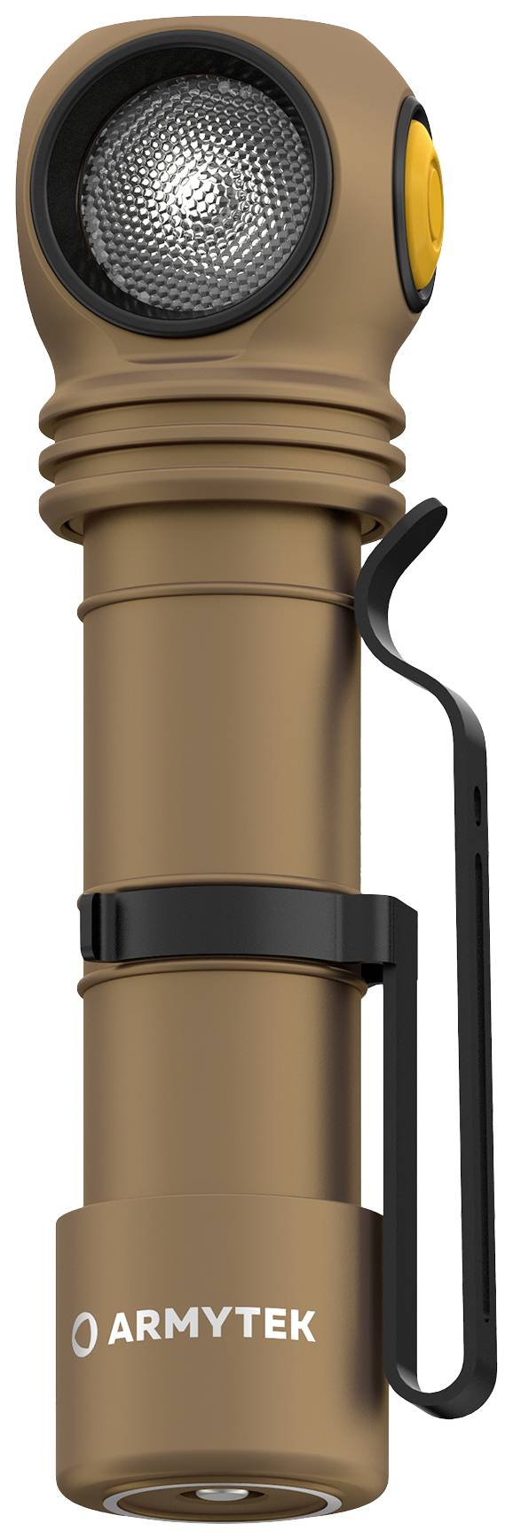 Braune Taschenlampe mit seitlichem Clip und gelbem Knopf am Kopf, hergestellt von Armtek.
