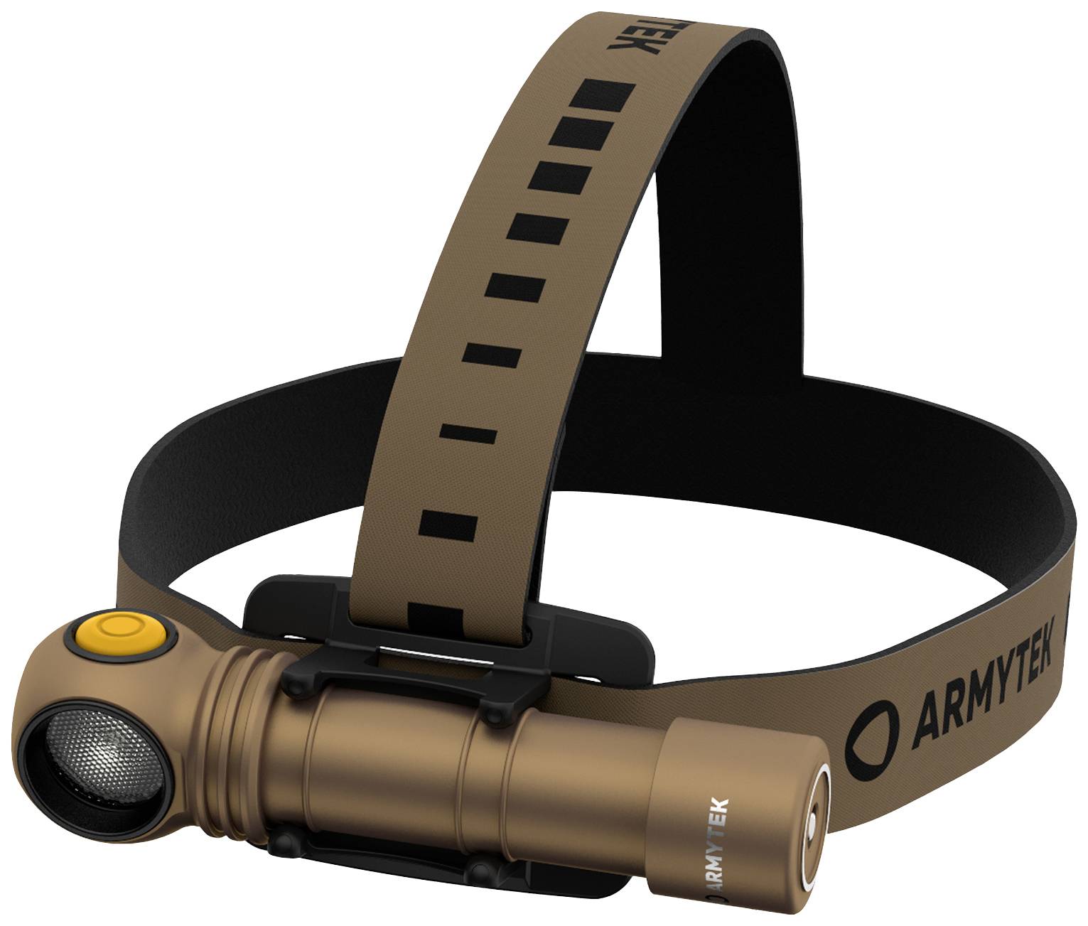Braune Stirnlampe mit verstellbarem Riemen und seitlichem Ein- und Ausschalter. Markierung 'ARMYTEK' auf der Seite.