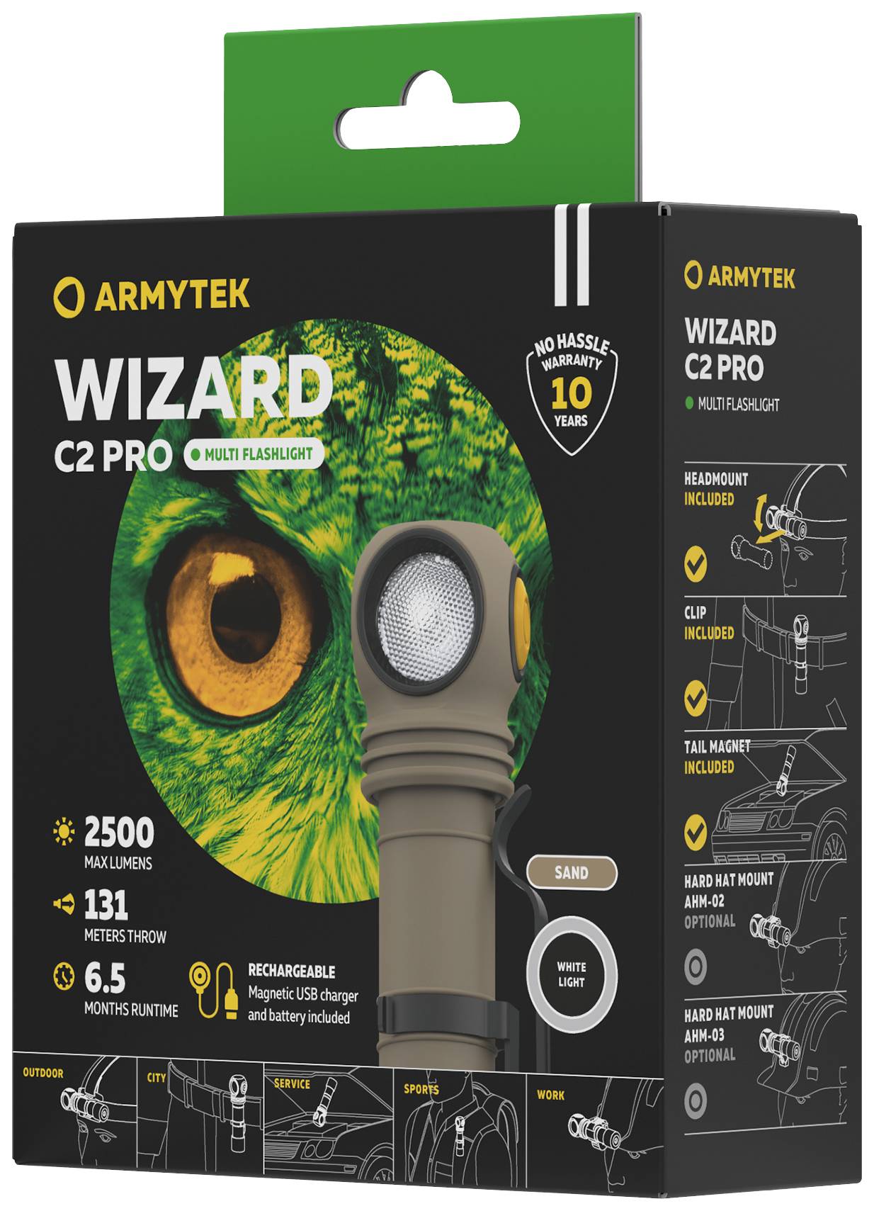 Verpackung der 'Armytek Wizard C2 Pro' Taschenlampe. Details: 2500 Lumen, 131 Meter Reichweite, 6,5 Monate Laufzeit, wiederaufladbar. Inklusive Zubehör.