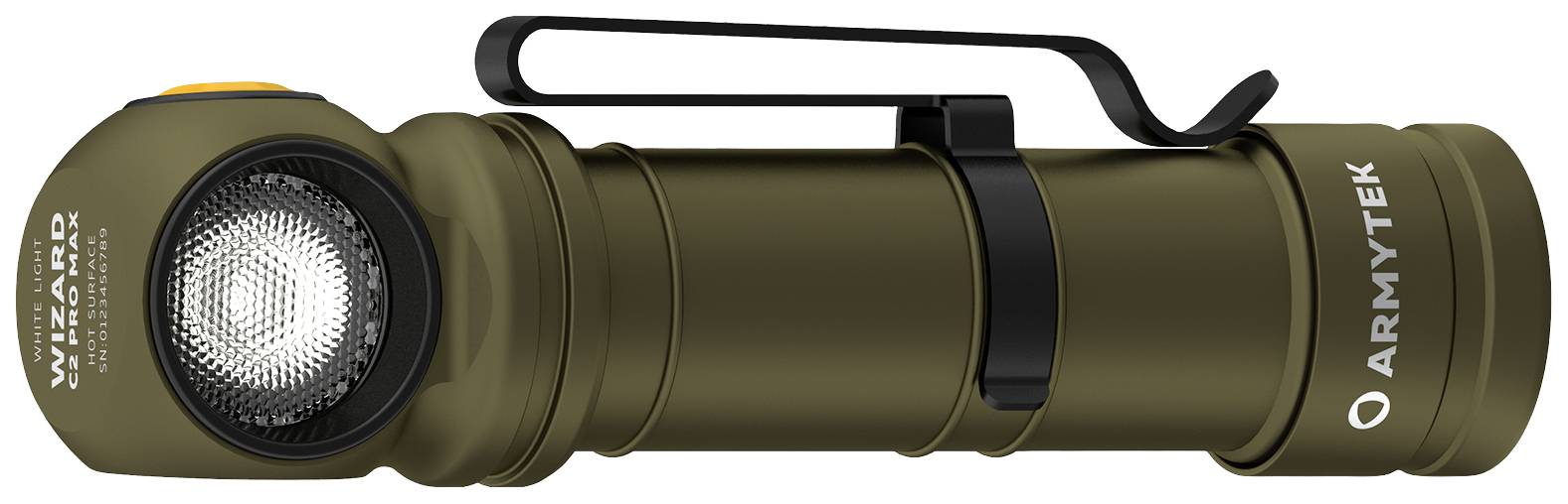 Eine olivgrüne Taschenlampe der Marke Armytek mit einem seitlich angebrachten Knopf und Clip, geeignet für Outdoor-Aktivitäten.