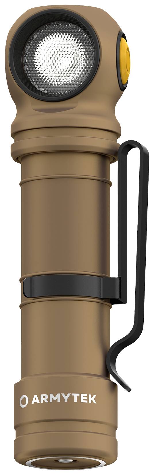 Eine braune Taschenlampe mit einem schwarzen Clip und einem gelben Knopf. Die Marke 'Armytek' steht unten auf dem Griff.