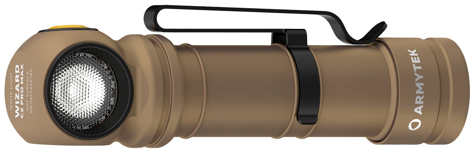 Eine braune Taschenlampe mit rechteckigem Clip und seitlichem Einschaltknopf, markiert mit 'ARMYTEK'.
