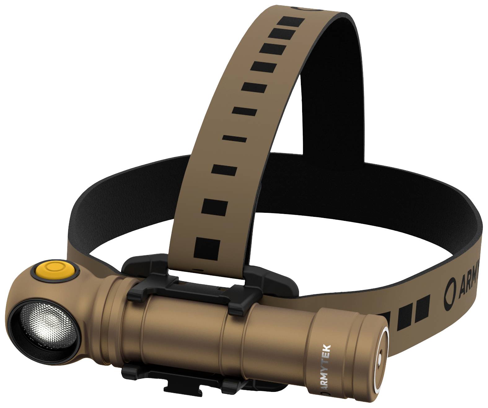 Stirnlampe mit braunem Band, rechteckigen Mustern und kompaktem Leuchtkopf in zylindrischer Form.