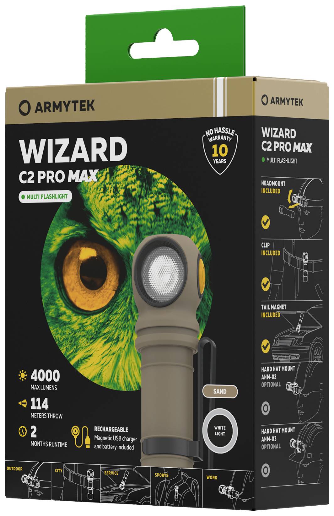 Verpackung der 'Wizard C2 Pro Max' Taschenlampe von Armytek. Eigenschaften: 4000 Lumen, 114 Meter Reichweite, wiederaufladbar. Enthält Halterung und Clip. 10 Jahre Garantie. Hintergrund zeigt Eule.