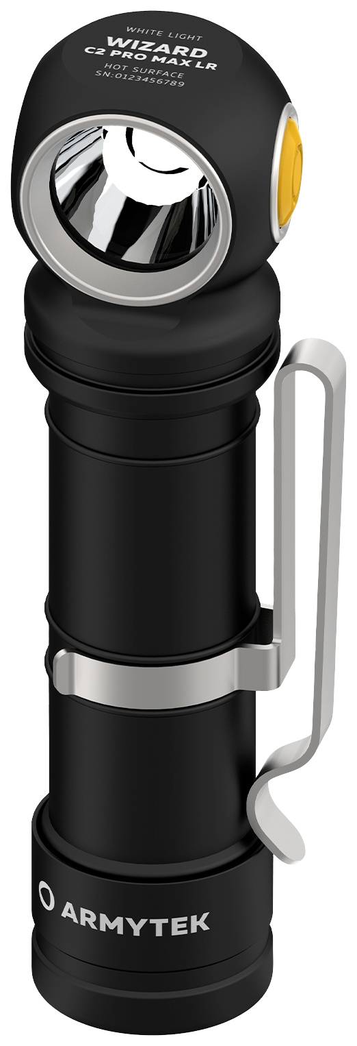 Schwarze Taschenlampe mit seitlichem Clip und kleinem reflektierendem Kopf, Marke 'Armytek Wizard', geeignet für Outdoor-Aktivitäten.