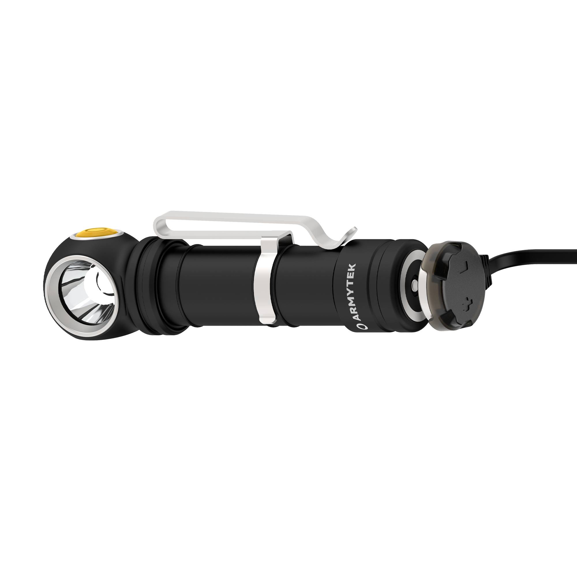 Schwarze Taschenlampe mit gelbem Knopf, Gürtelclip und abnehmbarer magnetischer Endkappe. Liegt horizontal mit Vorderseite nach links.