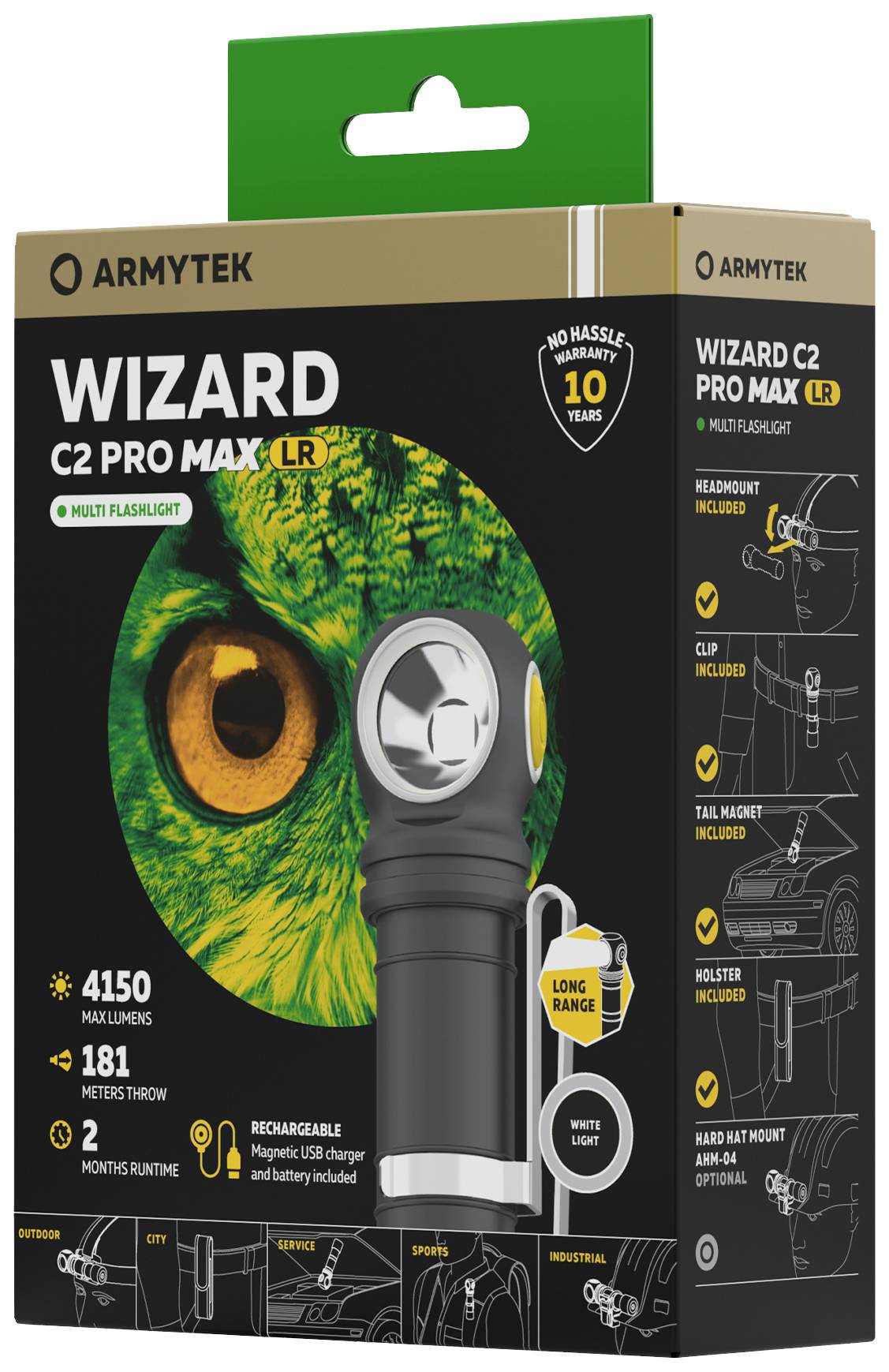 Taschenlampe Wizard C2 Pro Max LR von Armytek, 4150 Lumen, 181 Meter Reichweite, wiederaufladbar, mit Zubehör.