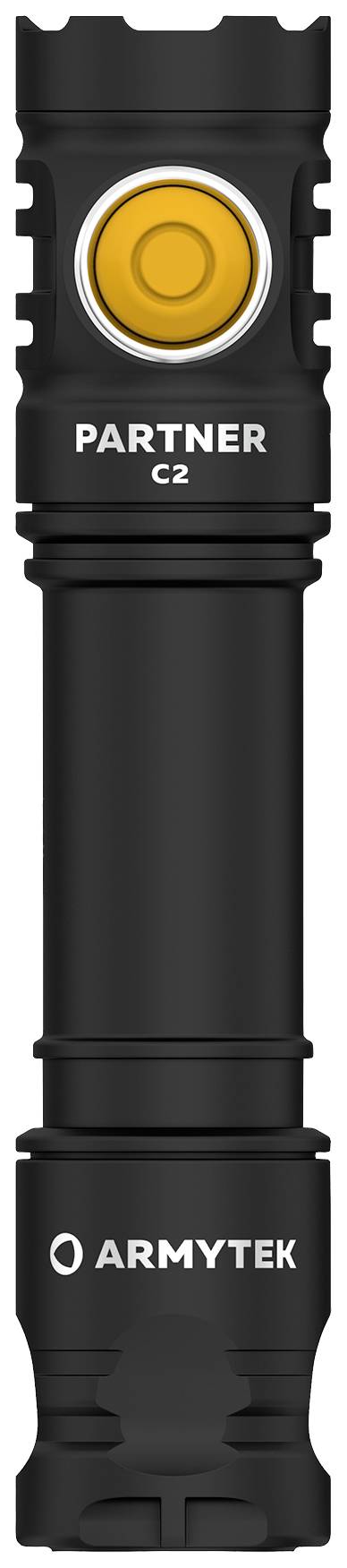 Schwarze Taschenlampe mit gelbem Knopf, Marke 'Armytek Partner C2'. Robustes Design, kompakt und funktional für Outdoor-Aktivitäten.