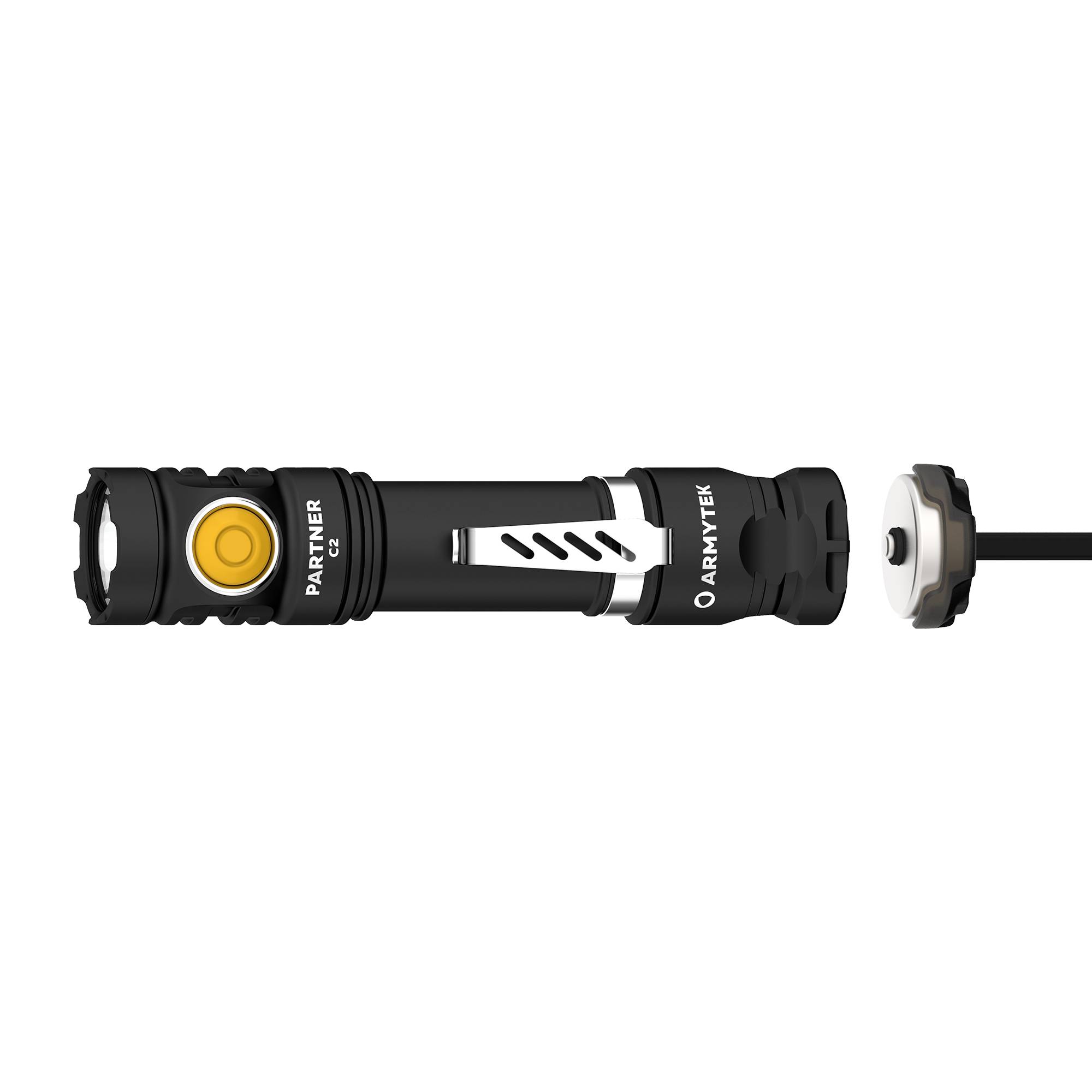 Taschenlampe mit abnehmbarem Batteriefachdeckel, schwarzes Gehäuse und gelbem Ein-/Ausschalter.