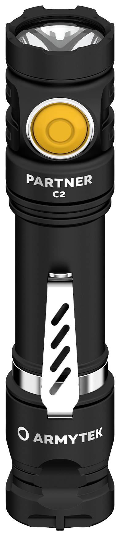 Schwarze Taschenlampe 'Partner C2' mit gelbem Schalter und silbernem Clip; Markenname 'Armytek' aufgedruckt.