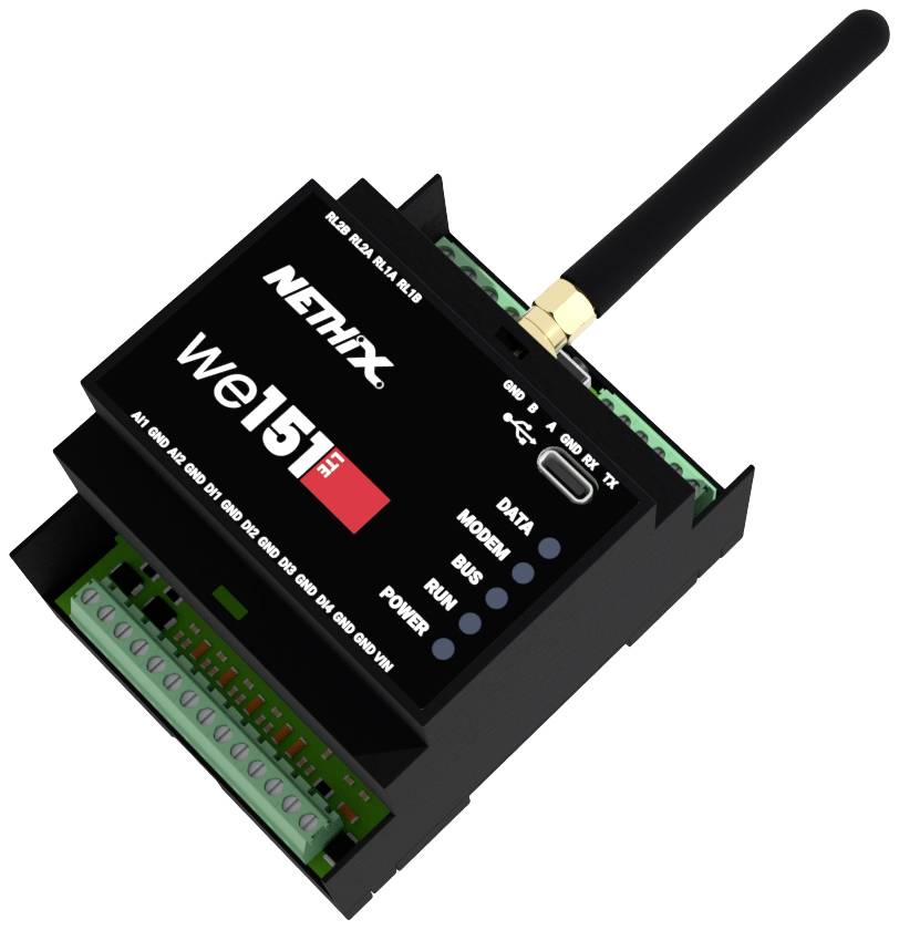 Ein schwarzes, rechteckiges Elektronikgerät mit Antenne, Modell 'We151 FT' von 'Nethix'. Es hat Anzeigen für Daten, Modem, Bus, Run und Power.