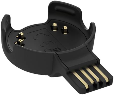 Schwarzer USB-Ladeadapter mit drei goldenen Kontakten, geeignet für das Aufladen spezifischer tragbarer Geräte.