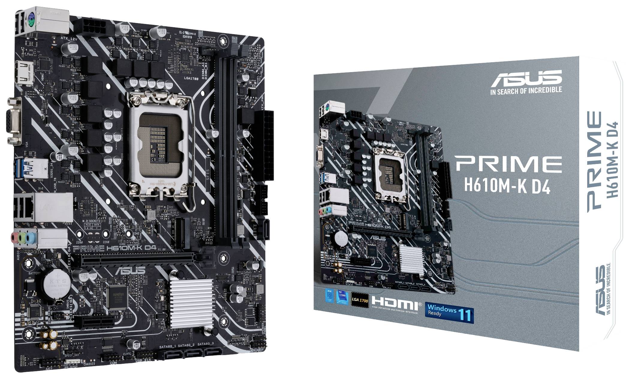 Eine ASUS PRIME H610M-K D4 Hauptplatine neben ihrer Verpackung, die die Kompatibilität mit Windows 11 und HDMI hervorhebt.