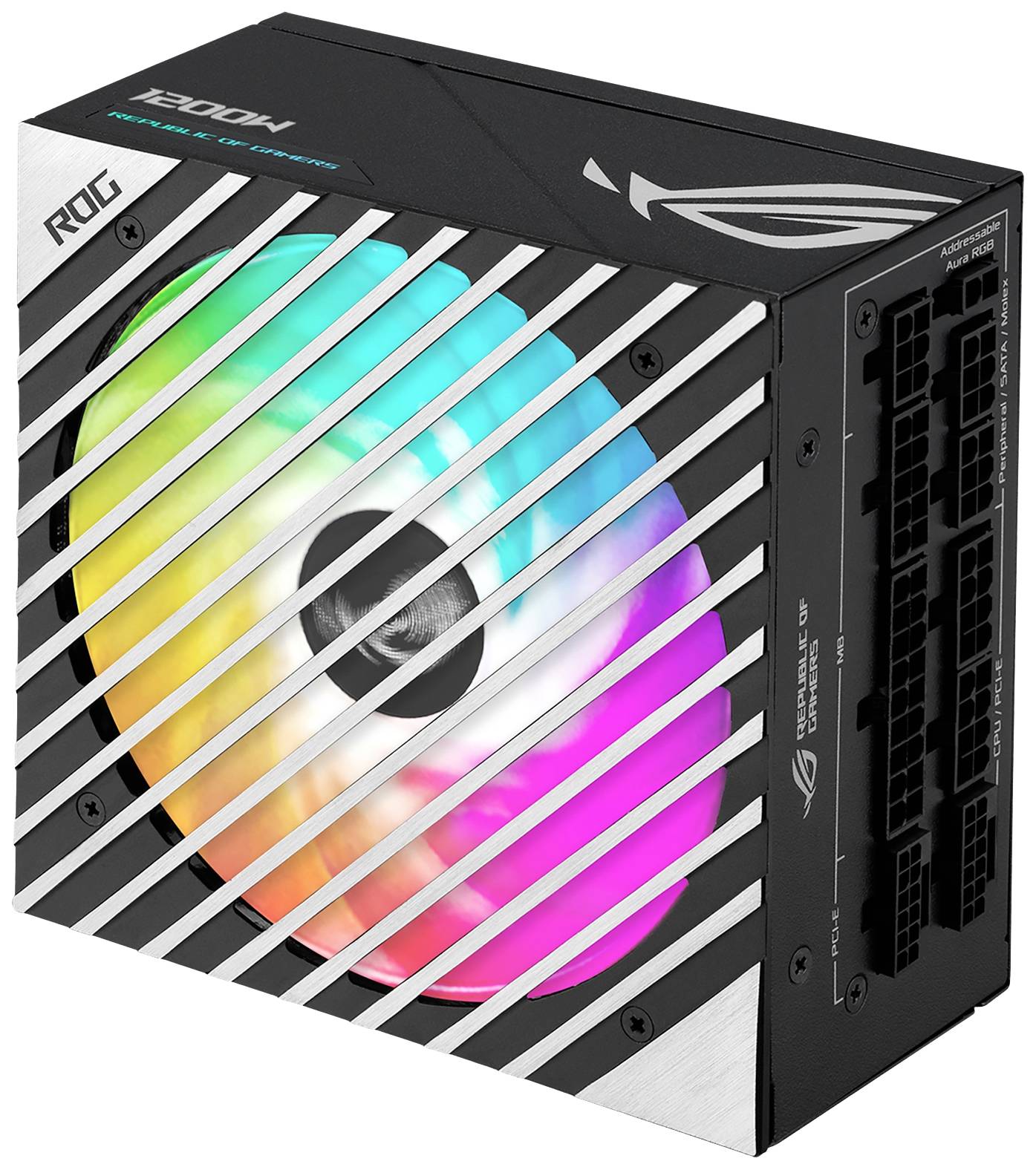 Ein PC-Netzteil mit RGB-Beleuchtung und mehreren Anschlussmöglichkeiten. Markierung: '1200W'.